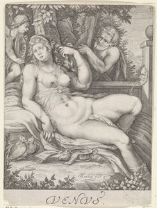 Venus spioneras av en satyr Venus (titel på objekt) av Jacob Matham