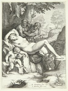 Venus och Amor sover och bevakas av satyrer av Jacob Matham