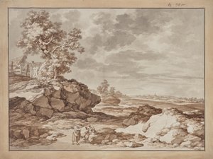 Landskap med by och två bönder av Jacob Matthias Schmutzer