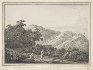 Utsikt nära bruket mot Licenza: Horaces Villa till vänster, 1783 (grå tvätt med penna och svart bläck på papper)