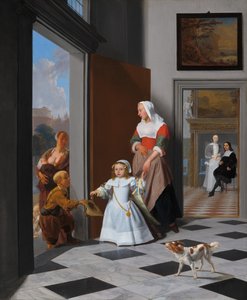 En sjuksköterska och ett barn i en elegant foajé, 1663.
