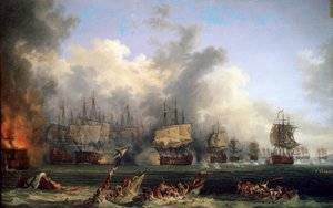 Det ryska slagskeppet St. Evstafius förlisning i sjöslaget vid Chesma, 1771.