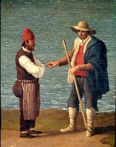 En herde och en köpman i hamnen i Monopoli, Puglia, Italien (herde och köpman i Monopoli) Målning av Jacob Philipp Hackert dit Hackert d