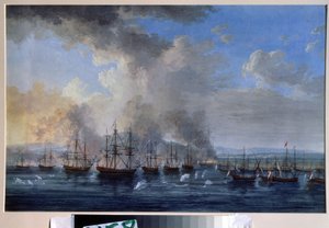 Rysk-osmanska kriget: ""Sjöslaget vid Damietta 1770"" (Sjöslaget vid Damietta 1770) Det motsatte sig flottorna från Katarina II:s Ryssland och Osmanska riket (Orloffs revolution eller expedition av bröderna Orloff). Måla av Jacob Philippe Hackert