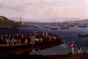 Neapelbukten nära Santa Lucia som visar sjöflottan som återvänder från Alger av Jacob Philippe Hackert