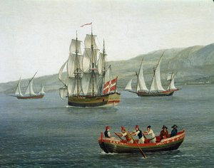 Utsikt över fartyg i Detroit of Messina, Reggio Calabria, Italien - (Skepp i raksträckan av Messina mellan Reggio Calabria och Sicilien) Detaljmålning av Jacob Philipp Hackert dit Hackert d