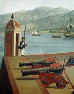 Vy över de militära befästningarna i hamnen i Reggio Calabria (Vy över Reggio Calabrias militära befästningar) Detalj av en vakt och kanoner (kanoner och vakt) - Målning av Jacob Philipp Hackert dit Hackert d