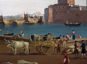 Utsikt över hamnen i Taranto (Taranto) i Italien på 1700-talet Hamnarbetare i hamnen som lossar godset, vagn dragen av oxar - Målning av Jacob Philipp Hackert dit Hackert d