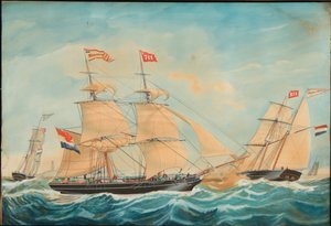 Hendrika Bartina och Johanna Hendrika seglar nära stranden, 1852 av Jacob Spin