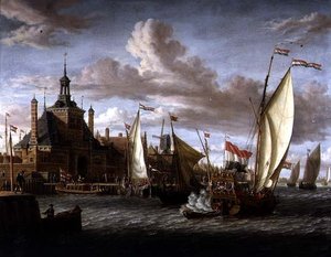 En Zeeland States Yacht skjuter salut utanför Dude Hoofdpoort, Rotterdam (olja på duk) av Jacob Storck