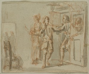 Litterär illustration: Två män och en kvinna i interiör av Jacob Wilhelm Mechau