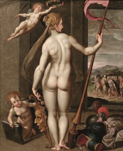 Minerva håller en lans medan den kröns med lagrar av en putto (olja på duk) av Jacob de (studio of) Backer