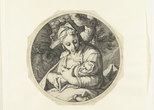 Maria med Kristusbarn Maria med Kristusbarnet och Josef med snickarverktyg (serietitel) av Jacob de Gheyn (II) (workshop of)