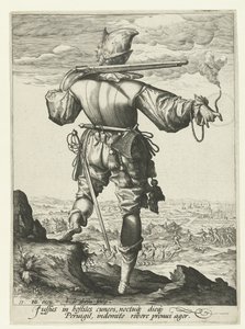 Musketör (harquebusier?) med hjälm på Officerare och soldater (serietitel) av Jacob de Gheyn (II)