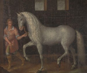 Spansk krigshäst En spansk krigshäst fångad av Lodewijk Gunther van Nassau från ärkehertig Albert av Österrike i slaget vid Nieuwpoort och presenterad för prins Maurits av Jacob de Gheyn (II)