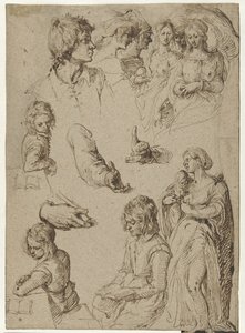 Studie av händer och figurer Studieblad med en ung man, en kvinna med barn och en Paris-dom eller häxsabbat av Jacob de Gheyn (II)
