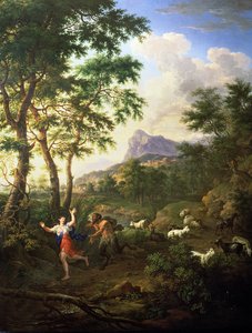 Ett arkadiskt landskap med Pan och Syrinx av Jacob de Heusch