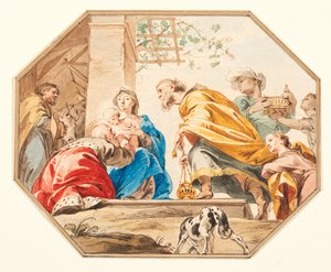 Adoration of the Magi, ca 1751 (grafit, penna & brunt bläck, akvarell på papper, skuren i en oktagon, med brunt bläck & tvättkanter) av Jacob de Wit
