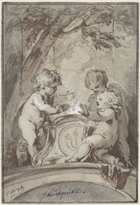 Allegori med tre putti vid ett altare av Jacob de Wit