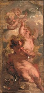 An Allegory of Vanitas: Fyra putti som blåser bubblor, en dödskalle, en konstnärspalett och en krona i närheten (olja på duk på panelen)