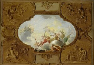 Design för en takmålning med Aeneas apoteos, i hörnen de fyra årstiderna av Jacob de Wit