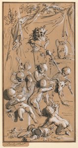 Putti leker framför en herm av Jacob de Wit