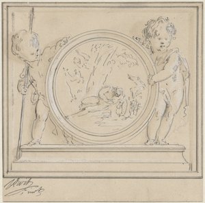Två putti med medaljong, där Narcissus och Echo av Jacob de Wit