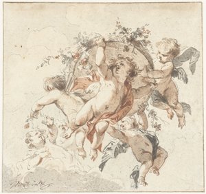 Flytande keruber med en blomkorg av Jacob de Wit