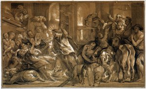 Kristus jagar köpmän från templet - av Jordaens av Jacob the Elder (after) Jordaens
