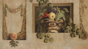 Stilleben med frukt- och blomstergirlanger