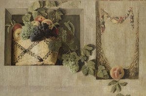 Stilleben med frukt och blomma kransar