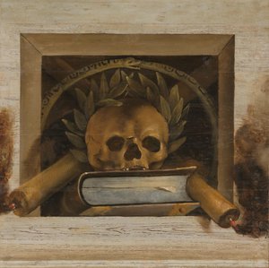 Vanitas stilleben med dödskalle med lagerkrans, bok och två brinnande ljus