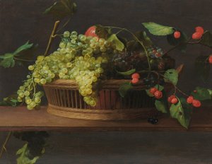 En korg med vindruvor och hallon på en avsats av Jacob Van Es