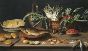 Stilleben med en fisk på en terrakottatallrik, sparris, kronärtskockor och körsbär i ett skålat fat, tillsammans med en halv ost i en korg, brödrullar, fraises de bois, citroner, apelsiner och krabbor, allt arrangerat på en bordsskiva av Jacob Van Es