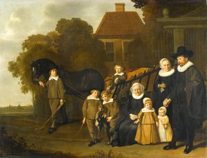 Gruppporträtt av familjen Meebeeck Cruywagen vid porten till deras lanthem på Uitweg nära Amsterdam av Jacob van Loo (attributed to)