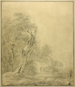 Dött träd vid vattenbrynet, figur närmar sig med påle av Jacob van Ruisdael