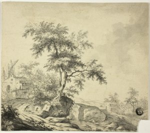 Landskap med träd på väg till byggnader av Jacob van Ruisdael