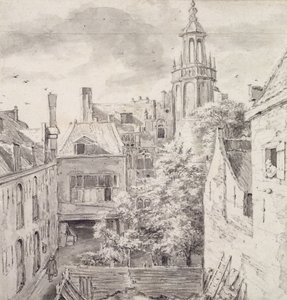 Utsikt över innergården till House of the Archers of the St. Sebastian Guild på Singel i Amsterdam (penna och tvätt på papper) av Jacob van Ruisdael