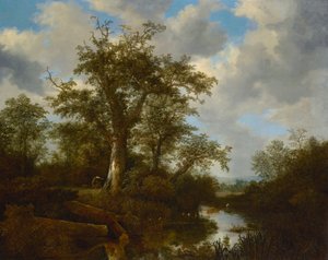 Trädbevuxet landskap med boskap som korsar en bäck av Jacob van Ruisdael