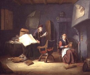 Interiör med en lärd och en gammal dam som snurrar (panel) av Jacob van Spreeuwen
