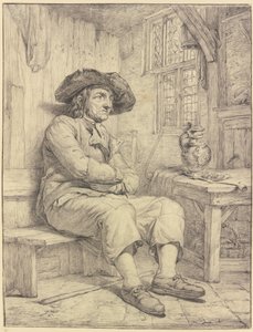 Man sittande vid ett bord med en kanna och pipa av Jacob van Strij