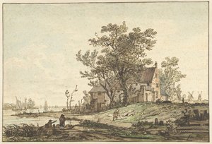 Gammal gård vid en flod