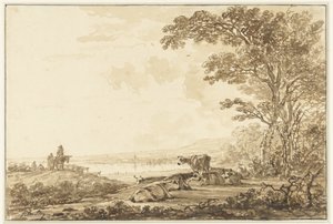 Flodlandskap med vilande boskap av Jacob van Strij