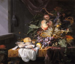 Stilleben med frukt och ostron