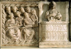 Begravningsmonument över Carlo, Roberto och Riccardo da Saliceto: studenter som går på en kurs (skulptur, ca 1403) av Jacobello and Pier Paolo dalle Masegne