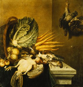 En vältad korg med fåglar, kålrot, äpplen, lök och en kål på en avsats draperad med en grön duk, av Jacobus Biltius