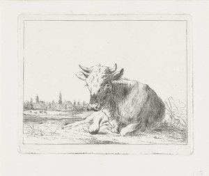 Liggande ko, i bakgrunden en stad av Jacobus Cornelis Gaal