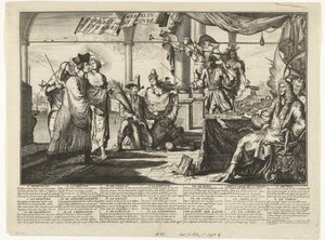 Tecknad film om advokatkåren som drar nytta av människans gräl, 1687 Interest des