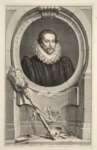 Porträtt av Sir Edward Coke, Lord Chief Justice, illustration från "Heads of Illustrious Persons of Great Britain", utgiven av Knapton, London 1742.