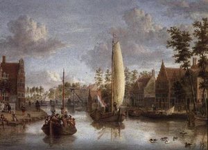 En kanal med pråmar av Jacobus Storck